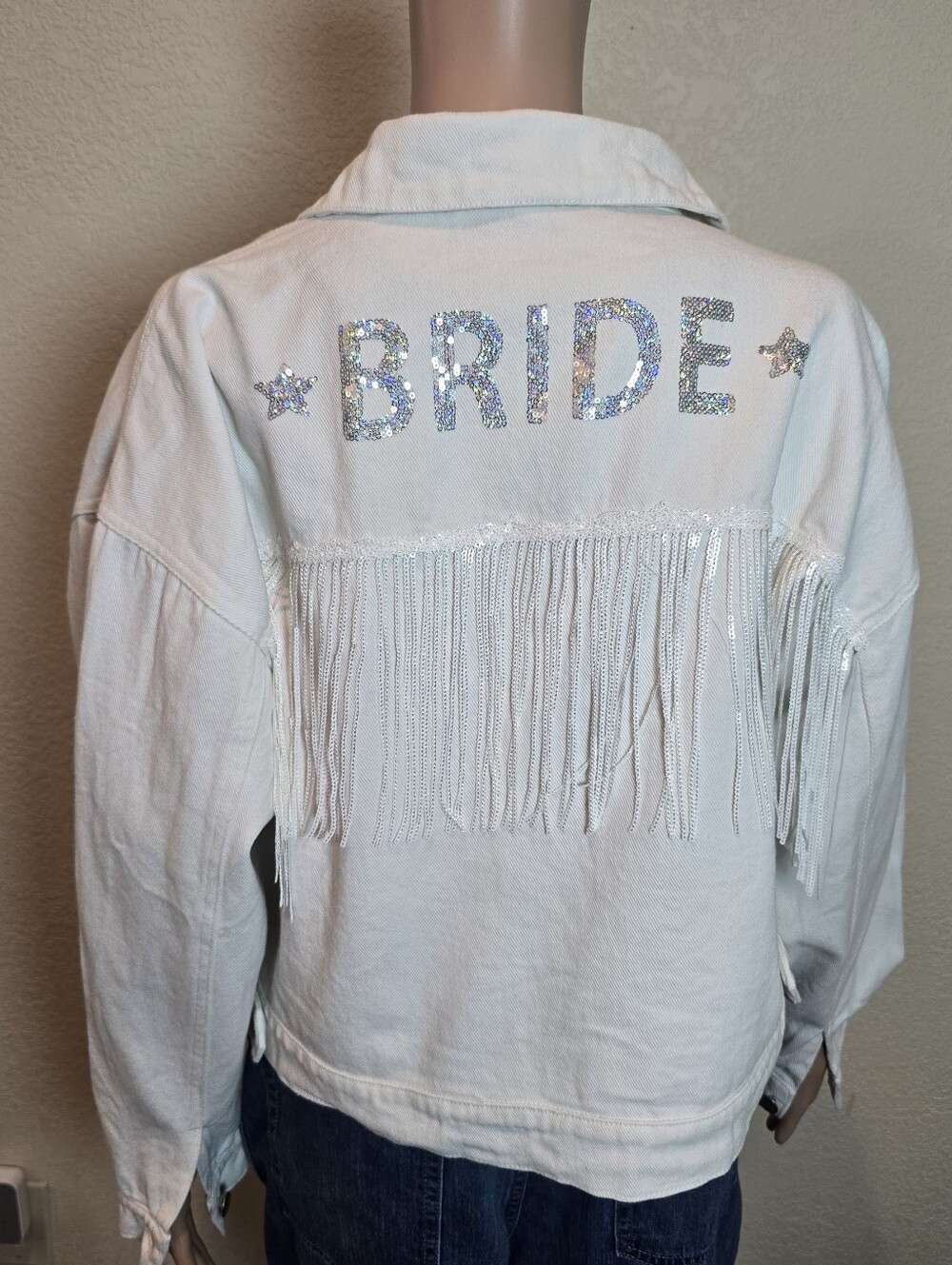 Altar'd State White Fringe 'BRIDE' Denim Jacket - Picture 12 of 12